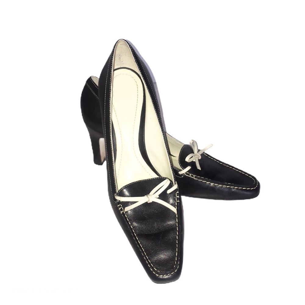 Ann Taylor Leather Black White High Heels Bow 7